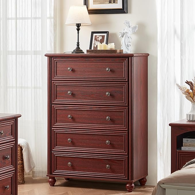 Farmhouse Dresser for Bedroom Set of 2, 5 Drawers Wood 45" Tall Chest of Drawers, Dresser Rustic Storage Dressers Organizer with Metal Handle Closet for Living Room, Hallway Entryway