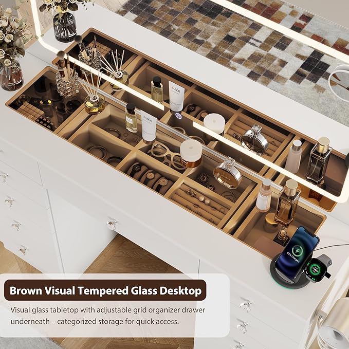 White Makeup Vanity, 11 Drawers Vanity Mirror with Lights, Makeup Vanity Desk with 3 Lighting Modes Adjustable Brightness, Vanity with Glass Top for Bedroom