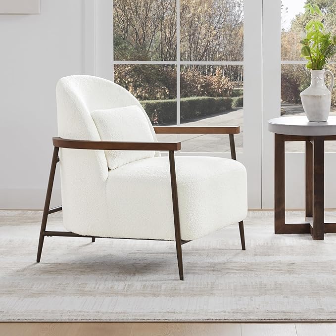 CHITA Accent Chair for Living Room, FSC Certified Modern Upholstered Faux Sherpa Fabric Armchair with Metal Frame and Wooden Armrests, White