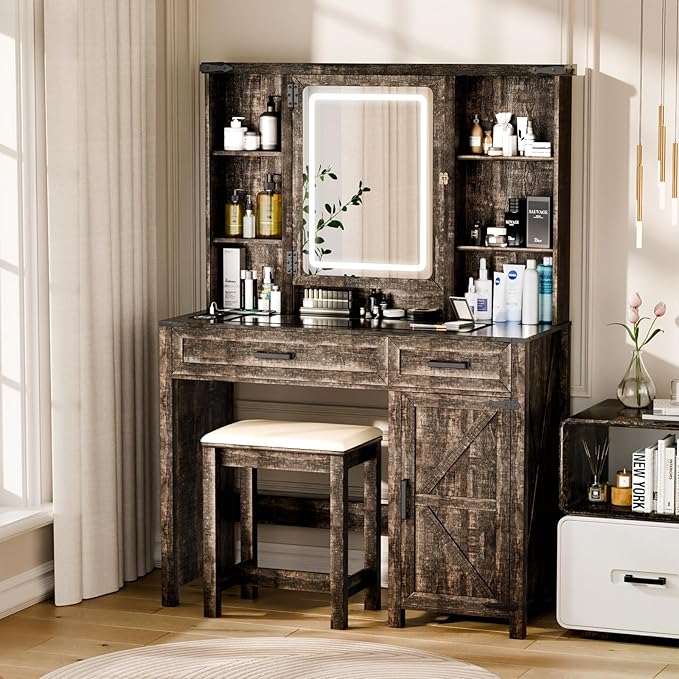 Farmhouse Makeup Vanity, Vanity Desk with 3 in 1 Charging Station and Human Body Sensing LED Lights, Vanity Table with Glass Tabletop & Hidden Jewelry Cabinet, Stool Included, Vintage Brown