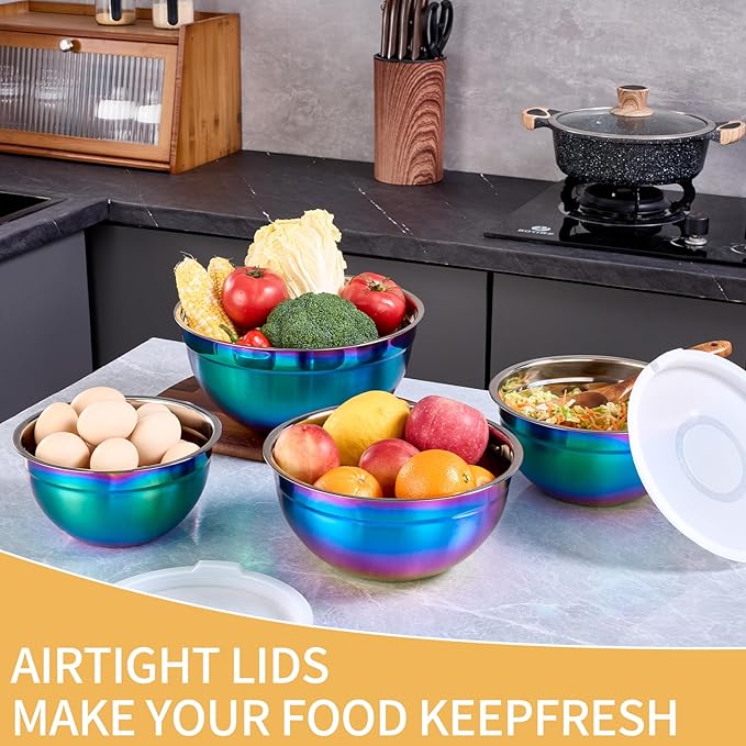 4-Piece Rainbow Stainless Steel Mixing & Serving Bowl Set With Airtight Lid, Unbreakable Deep Soup Bowl