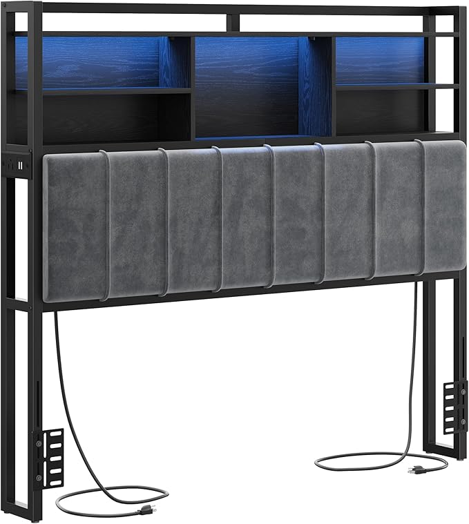 Headboard with 3-Tier Storage Shelves, Velvet Upholstered Head Board with 2 Outlets, USB Ports & LED Light, Soft Backrest for Queen Size Bed, Black BH15204B