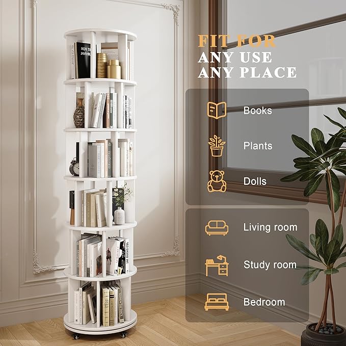 6 Tier Bookshelf Tower, 360° Solid Wood Spinning Bookcase with Swivel Wheels, Floor Standing Book Shelf for Small Space, Bookshelf for Home Office Study Room Bedroom Living Room