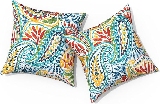 Outdoor Pillows for Patio Furniture 18x18 inch, Square Outdoor Throw Pillows with Inserts, Decorative Toss Pillows for Garden Couch Home Sofa Office Chair, Pack of 2, Paisley Multi