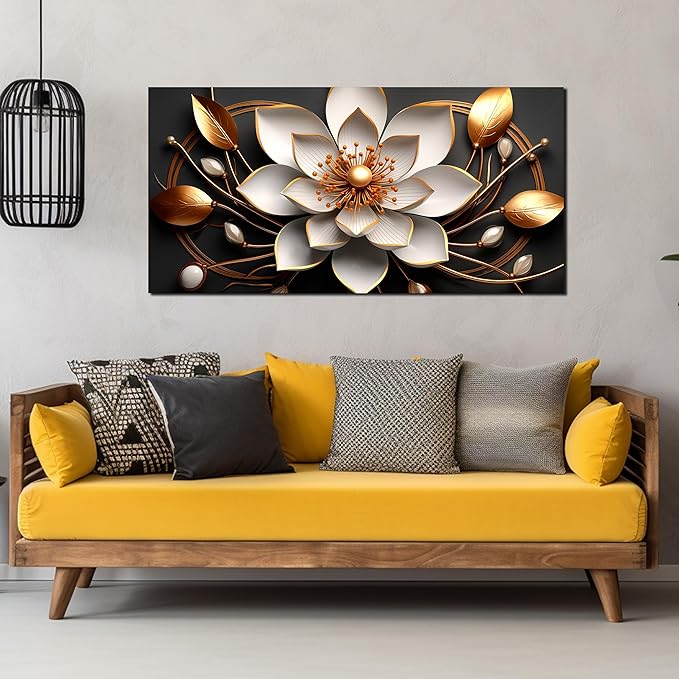 Large Artwork Canvas Wall Art for Living Room Office Room Bedroom Decor Wall Painting White and Gold Flowers Picture Modern Decorative Painting with Frame Ready to Hang Canvas Decor Size 24x48 E