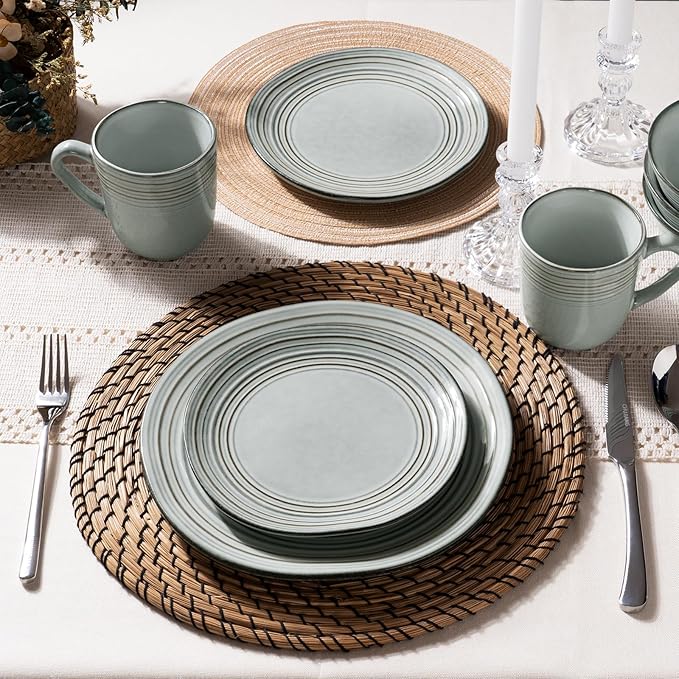 Famiware Plates and Bowls Sets 24-Piece Stoneware Dinnerware Sets, Dishes Set for 8, Hand-made Reactive Glaze Dish Set, Twilight Series, Ashy Blue