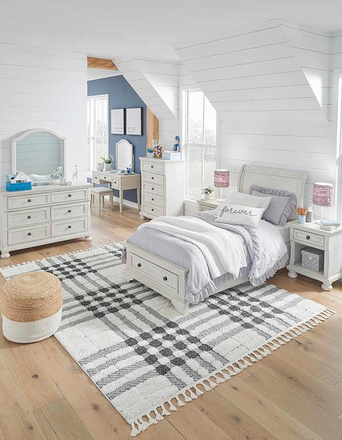 Signature Design by Ashley Robbinsdale Casual Twin Sleigh Storage Platform Bed with 1 Drawer, Foundation or Box Spring Not Needed, White