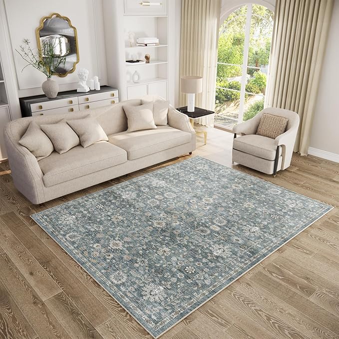Washable Area Rugs 5'x7' Non-Slip Vintage Boho Distressed Fade Resistant Low Pile Carpet for High-Traffic Living Room, Bedroom & Dining Room