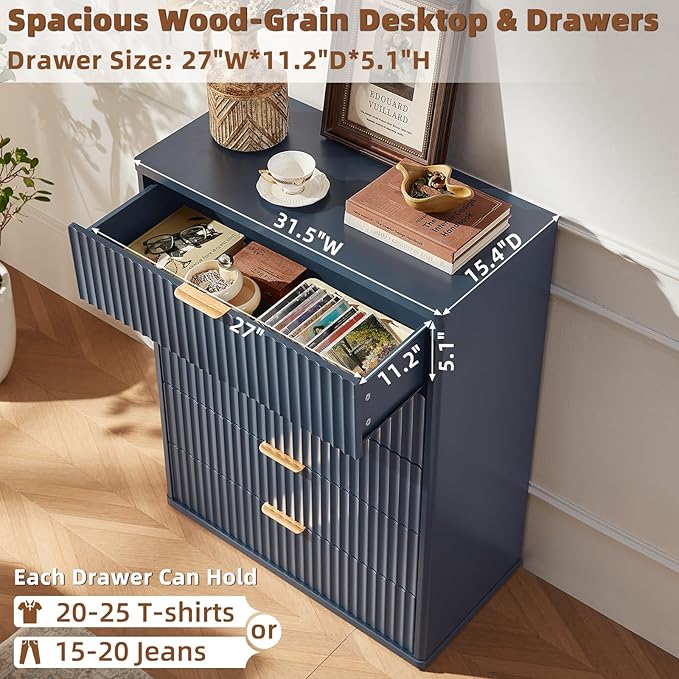 LEYAOYAO Fluted 5 Drawers Dresser Set of 2, 41" Tall Modern Chest of Drawers with Metal Handle, Curved Profile Dresser TV Stand, Wooden Drawer Organizer for Bedroom, Living Room, Hallway, Navy Blue