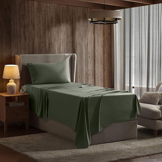 Nestl Twin Sheet Set - 1800 Ultra-Soft Microfiber Twin Bed Sheets - Double Brushed - Deep Pockets - Easy Fit - Extra Soft - 3 Piece Set - Bedding Sheets & Pillowcases (Twin, Olive Green)
