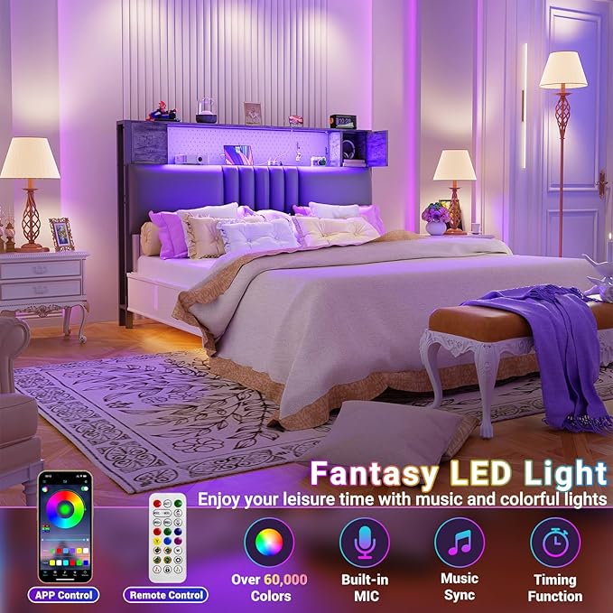 Unikito Upholstered Headboard for Twin Size Bed with Storage and Cabinet, Headboards with Power Outlets, USB Ports and LED Light, Twin Size Head Board Only, Sturdy and Stable Headboard, Black Oak