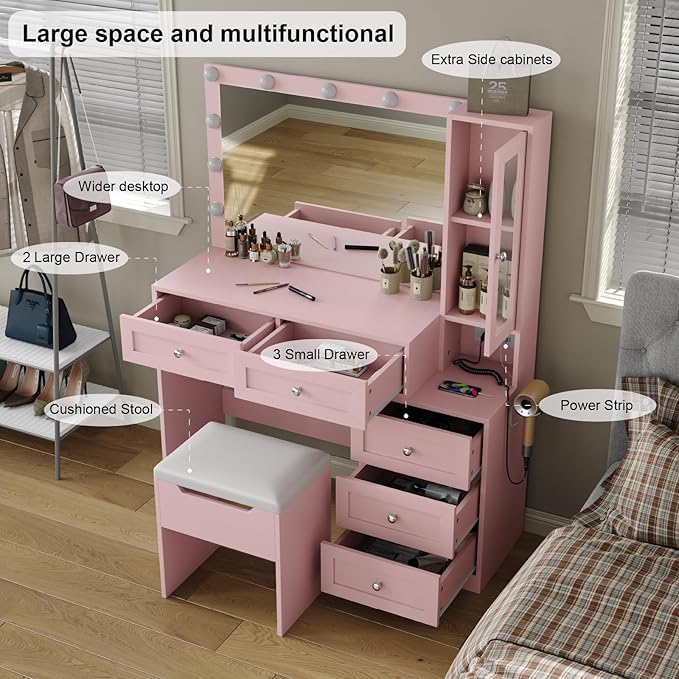 43" W Vanity Desk with Mirror & 11 Lights,Modern Makeup Desk with 5 Drawers & Cushioned Stool,3 Lighting Modes Brightness Adjustable,Power Outlet,Bedroom Dressing Table, Pink