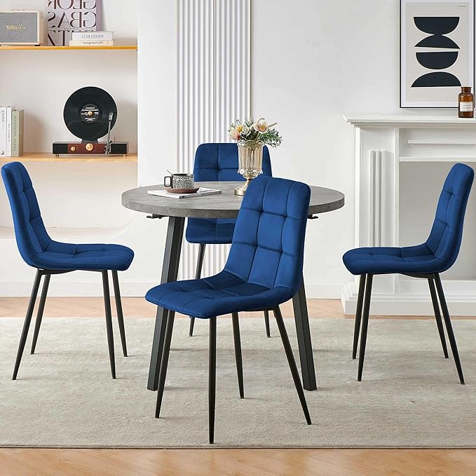 Modern 4-Person Round Dining Table Set, Space-Saving for Kitchen, Living Room, Apartment, Includes Dining Table & 4 Blue Chairs,Small Dining Room Set for 4