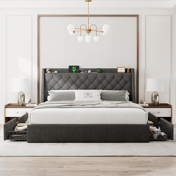Upholstered King Size Bed Frame with 4 Storage Drawers, Platform Bed Frame with Wingback Headboard, Charging Station, No Box Spring Needed, Dark Grey