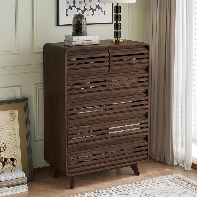 Fluted Dresser for Bedroom, Tall Dresser with 6 Drawers, Chests of Drawers with Grille & Curved Design, Dressers Slides Pre-Installed, Large Wood Drawer Organizer for Bedroom Hallway, Dark Walnut