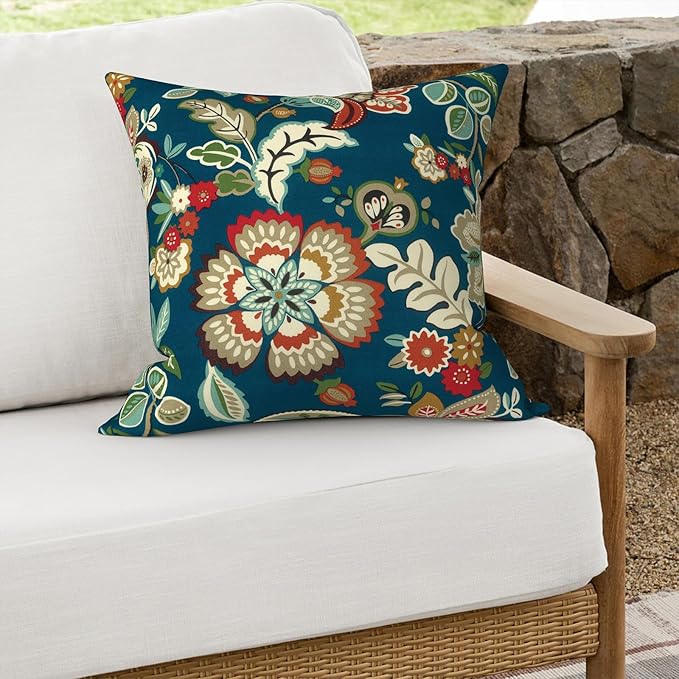 Outdoor Throw Pillows 16x16 Inch, Water Repellent Patio Pillows with Inners Set of 2, Outdoor Pillows for Patio Furniture Home Garden, Peacock Blue
