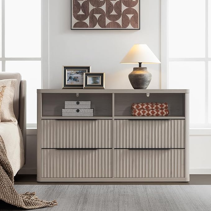 SICOTAS Dresser for Bedroom - Dressers & Chests of Drawers with 4 Drawers Large Modern Dresser for Closet with Open Shelf Fluted Wide TV Stand Clothes Closet Storage for Bedroom Hallway Entryway