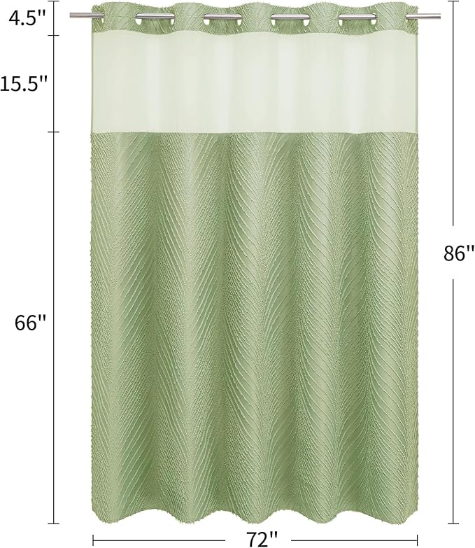 No Hook Extra Long Shower Curtain Set with Snap-in Liner, 86 inch XL Boho Sage Green Fabric Shower Curtains for Modern Bathroom Decor, Hotel Style Shower Curtain with See Through Top Window