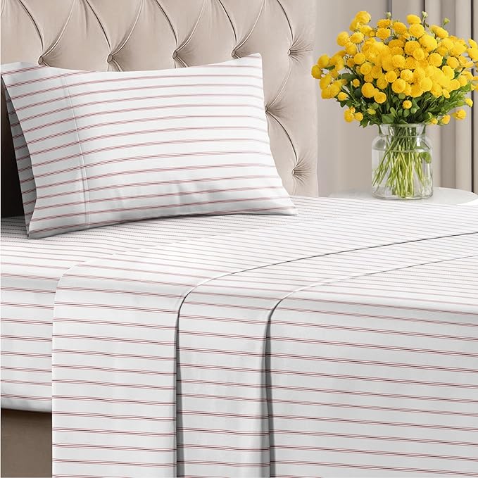 Striped Sheets - Red & White Striped Sheets - 1 Flat & 1 Fitted & 1 Pillowcase w/ Deep Pockets – Wrinkle & Fade Resistant - Soft, Breathable & Cooling – Luxury Pinstripe Bedding - Twin Size Bed Set