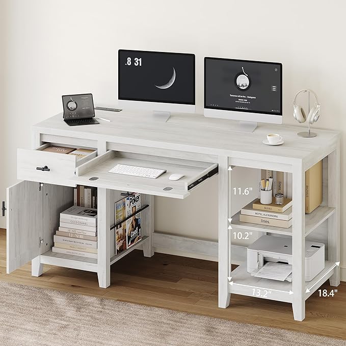 58" Executive Desk with Foldable Keyboard Tray and Charging Station, Farmhouse Wood Home Office Desk with Drawers and Magazine Rack, Large Writing Computer Desk for Home Office and Study, White