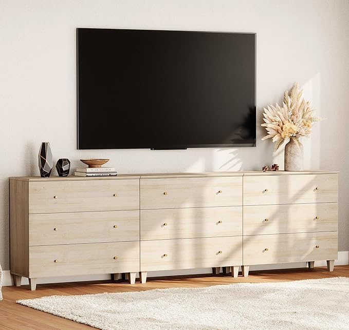 WAMPAT TV Stand Dresser for 100+ Inches TVs, 3-in-1 Wood Media Console Table with 9 Drawers, Modern Highboy Entertainment Center with Storage for Living Room Bedroom, Natural Oak