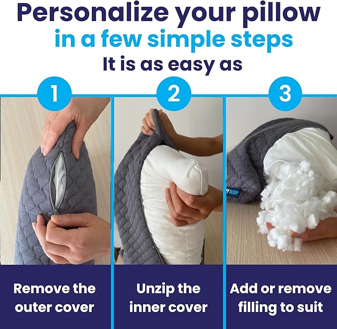 Sidney Sleep Pillow for Side and Back Sleepers - Comfort for Neck and Shoulder Pain - Adjustable and Customizable Shredded Memory Foam Filling - King Size - Additional Foam Fill Included (Grey)