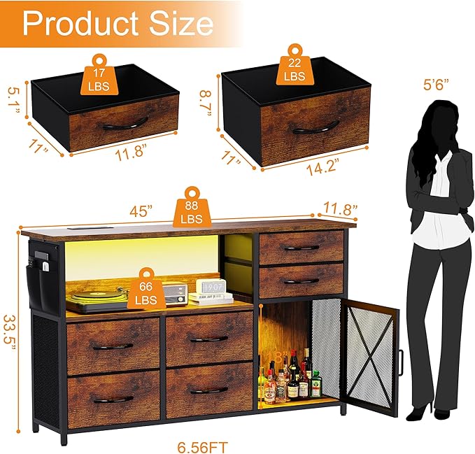 TV Stand Dresser for Living Room, LED TV Stand with 6 Drawers and Lights for Bedroom, Up to 50 inch TV, Long and Wide Dresser Storage Table with Metal Door, Rustic Brown