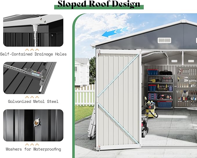 AMERLIFE 10x16x7.2 FT Metal Storage Shed with 2 Transparent Panels, Outdoor Tool Shed with Hinged Double Doors, Windows & Vents, Reinforced Steel Frame for Backyard Garden, DIY Workshop, Dark Gray