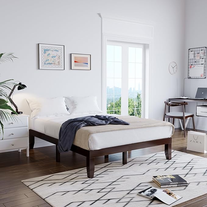 Giantex Full Wood Platform Bed Frame, 14 Inch Solid Rubber Wood Mattress Foundation, Heavy Duty Wooden Slats Support, No Box Spring Needed, Easy Assembly, Espresso