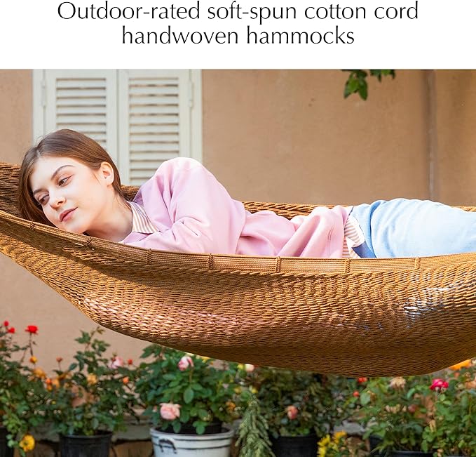 PNAEUT Mayan Hammock, Handwoven XL Thick Soft Rope Hammocks for Outdoor Indoor, Max 600 lbs Capacity, Tree Straps & Carabiners Included (Desert)