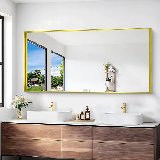Gold Bathroom Mirror, 30x60 Inch Rectangular Deep Frame Mirror, Large Wall Mounted Bathroom Vanity Mirror Over Sink for Bedroom,Restroom, Living Room, Hangs Vertically or Horizontally
