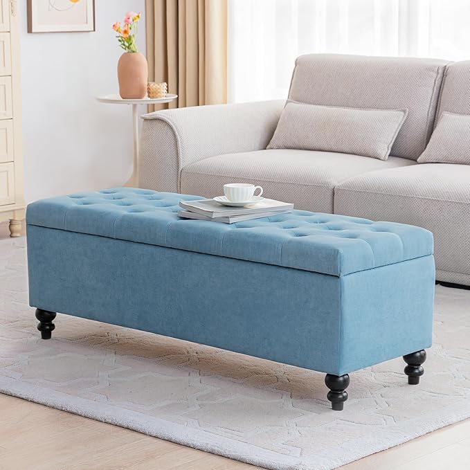 HUIMO 50-inch Storage Ottoman Bench in Upholstered Fabrics, Button-Tufted Large Window Bench for Bedroom, Living Room, End of Bed Bench Hold Up to 300lbs (Light Blue), OT1-1