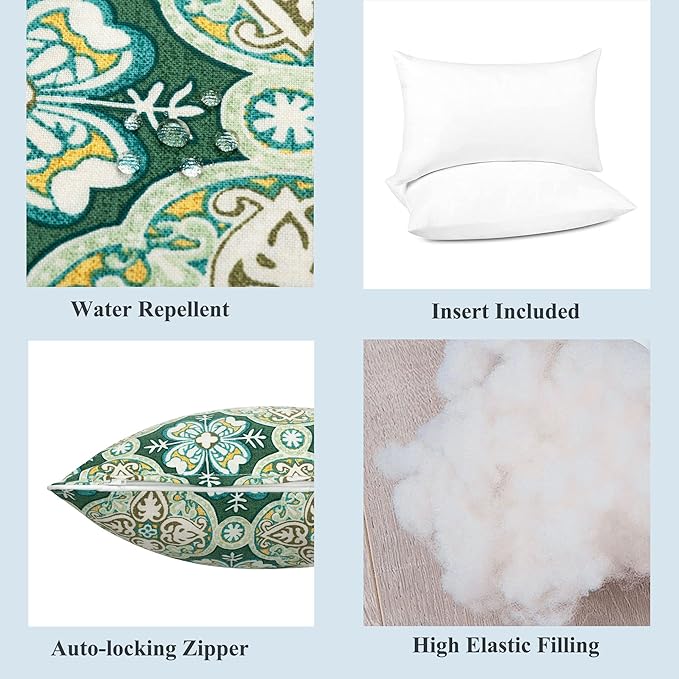 FUNHOME Set of 2 Patio Lumbar Pillows with Insert, 12”x20” Water-Repellent Fade Resistant Outdoor Lumbar Pillow, Decorative Garden All Weather Lumbar Cushions for Home Patio Coach Sofa Use-Green Medal