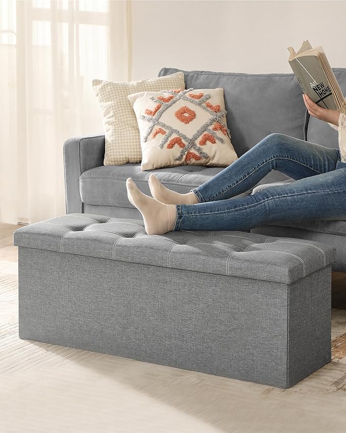 SONGMICS MAZIE Collection - 43 Inches Ottoman Storage Bench, 35 Gal. Folding Chest with Breathable Linen-Look Fabric, Load up to 660 lb, for Entryway, Living Room, Bedroom, Light Gray ULSF077G05