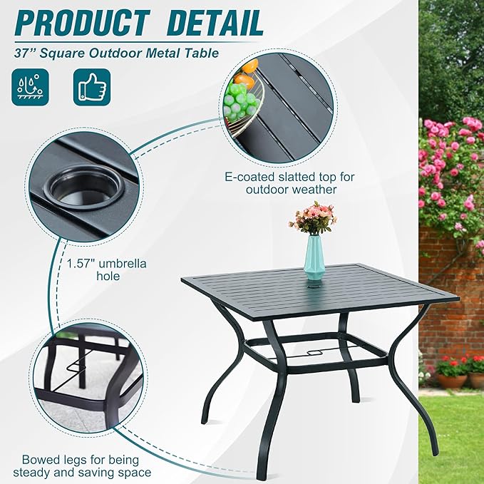 PHI VILLA 5-Piece Outdoor Meal Set for 4: Square Wrought Iron Table & Stackable Chairs, Heavy-Duty Dining Furniture for Patio, Deck, Backyard, Porch