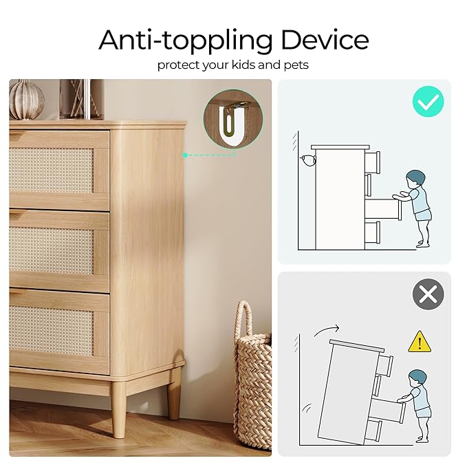 LINSY HOME Rattan Dresser for Bedroom with 6 Drawers, 47" Wide Chest of Drawers, Mid Century Modern Dresser TV Stand with Metal Handle, Wood Closet Storage Cabinet for Living Room, Hallway, Oak