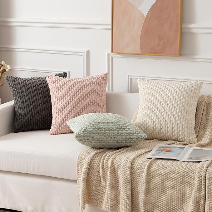 Kevin Textile 2 Packs Light Green Decorative Throw Pillow Covers 18x18 Inch for Living Room Couch Bed Spring Sofa Soft Striped Corduroy Square Cushion Case 45x45 cm Rustic Farmhouse Boho Home Decor