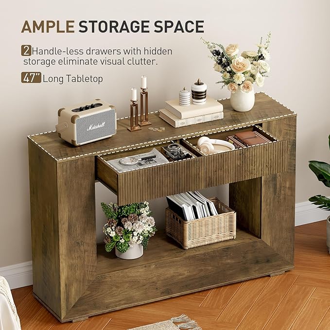 Farmhouse Console Table, 47 Inches Wooden Entryway Table with Storage, Fluted Sofa Table with 2 Handle-Less Drawers, for Entryway, Living Room, Foyer, Hallway, Dark Brown
