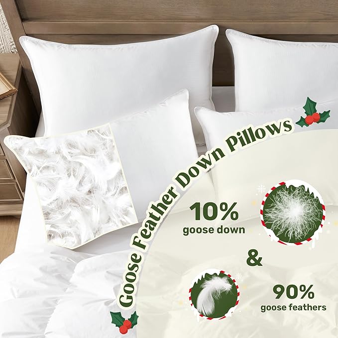 puredown® Natural Down Feather Pillows, King Bed Pillows for Sleeping Set of 2, Grand Hotel Pillows with Cotton Fabric Cover (Pack of 2)