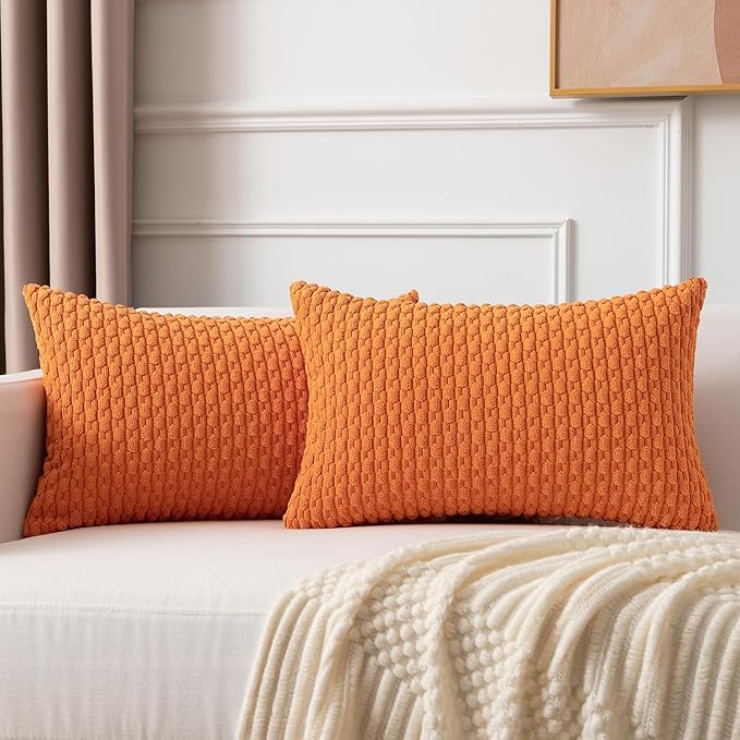 Kevin Textile Fall Pack of 2 Corduroy Decorative Throw Pillow Covers 12x20 Inch Soft Boho Striped Pillow Covers Modern Farmhouse Home Decor for Spring Sofa Living Room Couch Bed Orange