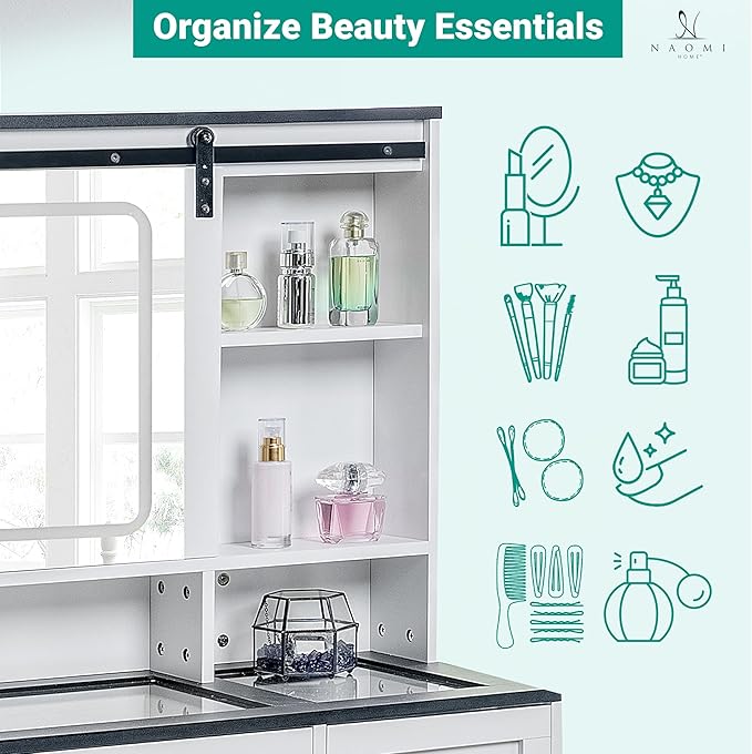 Naomi Home Vanya 47" Makeup Vanity with Sliding Mirror and Lights Farmhouse Vanity Table with 5 Drawers 2 cabinets Visible Glass top and 3 Color Lighting Modes Charging Station with Stool