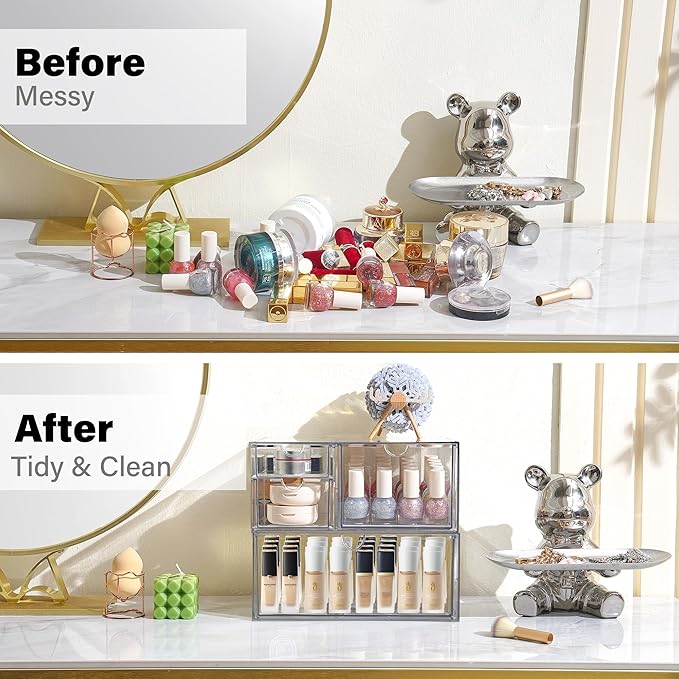 Prsildan Acrylic Drawer Makeup Organizer with 4 Drawers, Set of 2 Office Desk Organizers Accessories, Clear Stackable Storage Drawers for Vanity, Countertop, Craft, Jewelry, Art Supply Organization