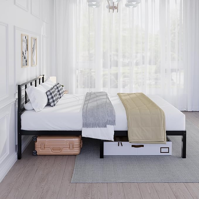 14 Inch Bamboo Bed Frame – Solid Wood Platform Bed Frame, Strong and Stable, with Non-Slip Slats for Support, No Box Spring Needed, Easy to Assemble, Noise-Free (Black with Headboard, Queen)