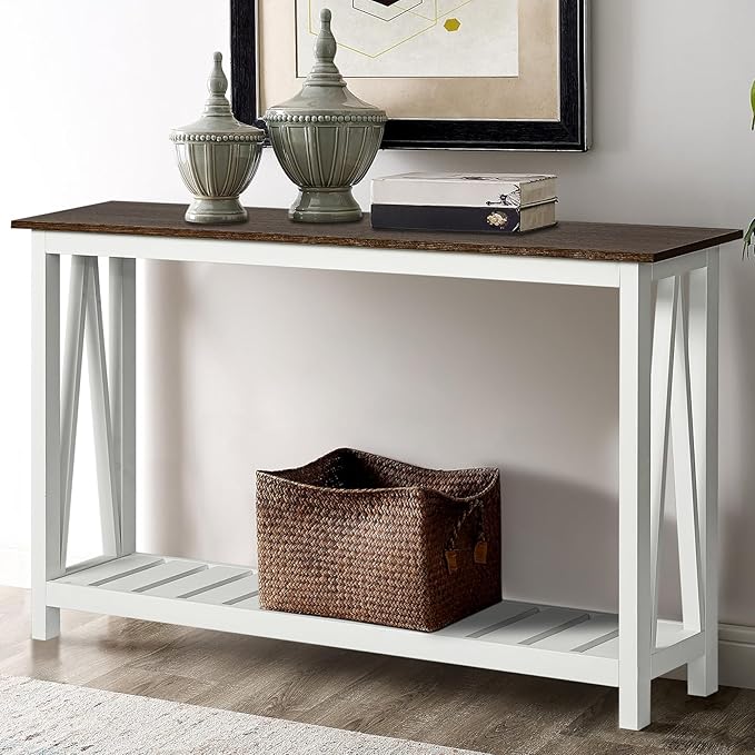 ChooChoo Farmhouse Console Table, Rustic Vintage Narrow Sofa Table for Entryway, Living Room, Hallway, 47 White