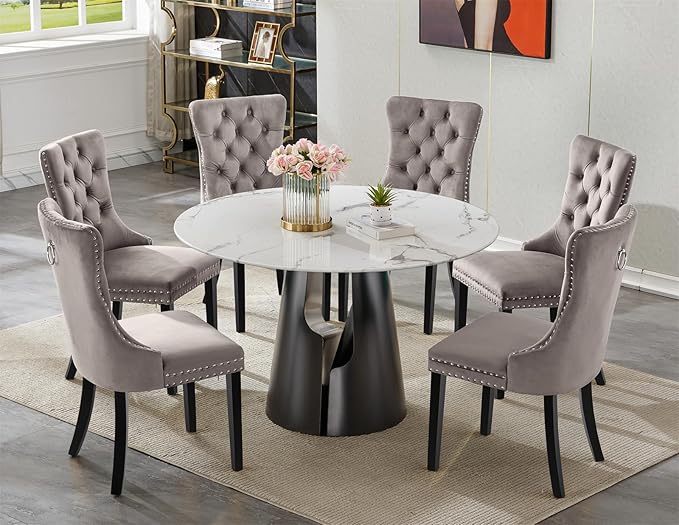 7-Piece Faux Marble Round Dining Table Set for 6, Modern Luxury Kitchen Table Set for 6 with Grey Tufted Chairs,Circle Dining Tables with White Marble Grain Top and Black Pedestal Base