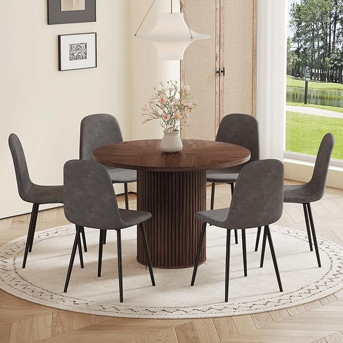 AZmac Round Dining Table Set for 6, Wooden Round Table 7-Piece with Modern Farmhouse Dining Table and 6 Fabric Chairs for Kitchen Dining Room, Walnut Table + 6 Gray Chairs