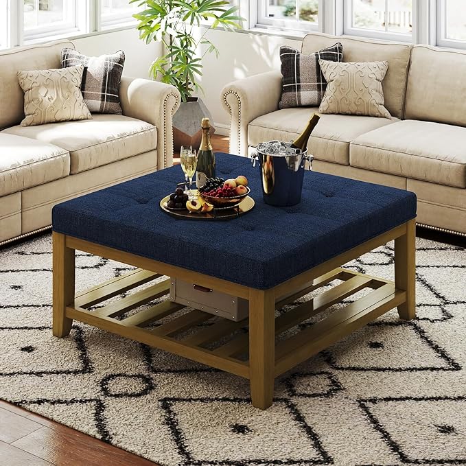 Large Square Ottoman Coffee Table, Linen Solid Upholstered Footrest Ottoman with Solid Wood Shelf Storage Tufted Coffee Table for Bedroom Living Room, Navy Blue