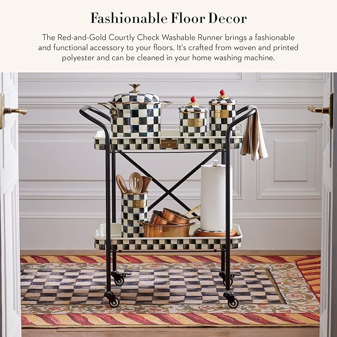 MACKENZIE-CHILDS Washable Rug, Decorative Indoor Rug, 2'6" x 8' Runner, Red-and-Gold Courtly Check