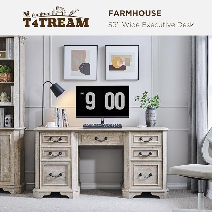 T4TREAM 59" Farmhouse Executive Desk with Drawers,Wood Home Office Computer Desk, Featuring Keyboard Tray,Charging Station,File Drawer, Storage Cabinet,for Work and Study (Light Rustic Oak)