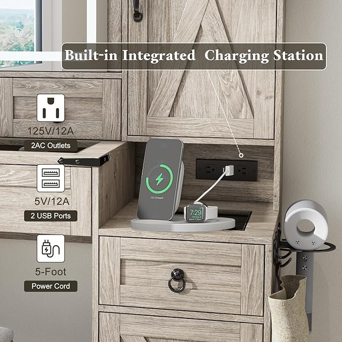 Farmhouse Makeup Vanity Desk with Sliding Mirror and Lights, 42" Glass Top Vanity Table with Charging Station & 4 Drawers & 2 Cabinets, Vintage Vanity Set for Bedroom, Driftwood Gray